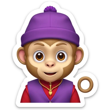 Cute monkey inspired by Abu from Aladdin, big expressive eyes, purple vest, red fez hat, mischievous grin. Emoji-style, bold outlines, bright colors, centered face on transparent background, high quality, vector style. sticker