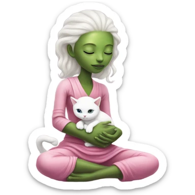 Reptilian alien woman, in meditation pink dress hugs a white cat sticker
