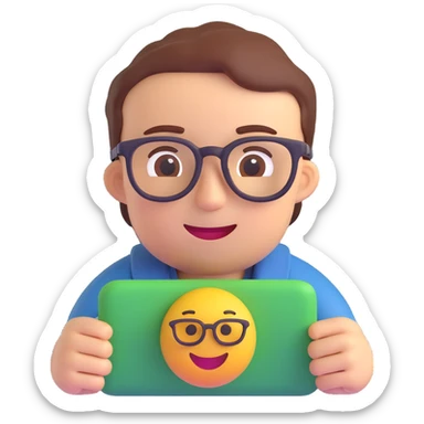 coder wearing glasses, cheerful expression, 3D emoji style sticker