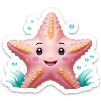 Cinematic cute round starfish, pastel pink, soft bumpy texture, tiny happy face, slightly tilted, glowing warmly, sparkling with gentle ocean magic. sticker