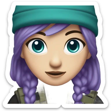 White Girl, tactical vest, dark pants, long teal and purple hair, blue eyes, purple beanie hat, knife, black combat boots sticker