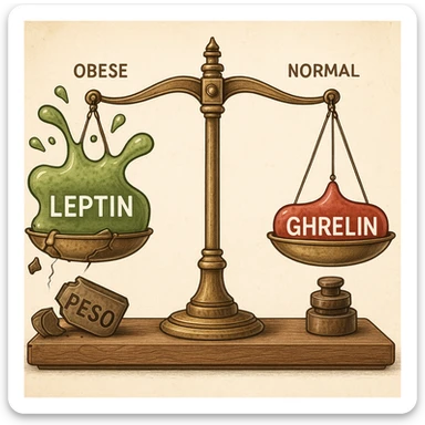 endocrinology diagram of a balance scale with leptin in green and ghrelin in red; obese side with overflowing leptin, scale blocked, broken weights labeled 'Peso'; normal weight side with balanced scale; medical illustration, detailed, 4K resolution sticker