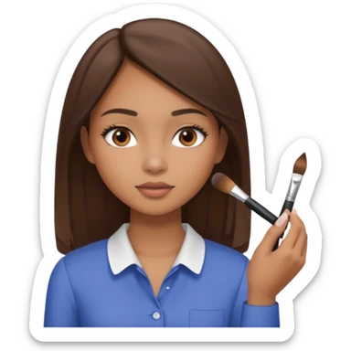 Draw a mixed-race girl applying makeup, wearing a clean girl blouse and with straight brown hair far away  sticker