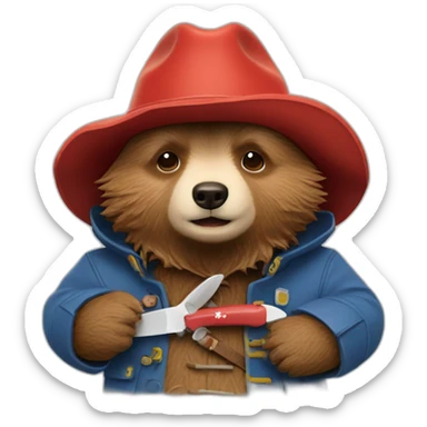 Paddington with Swiss army knife sticker