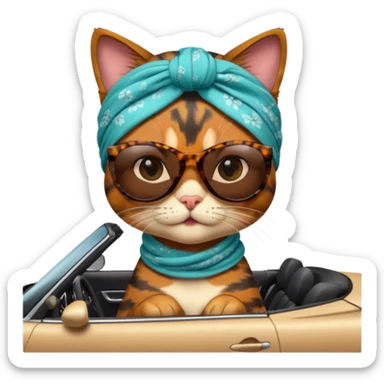 Tortoiseshell cat in a convertible wearing sunglasses and a head scarf sticker