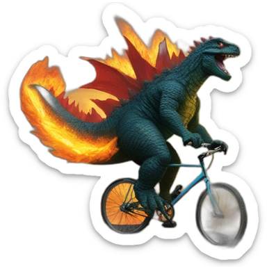 godzilla riding a bicycle down a fiery mountain pass sticker