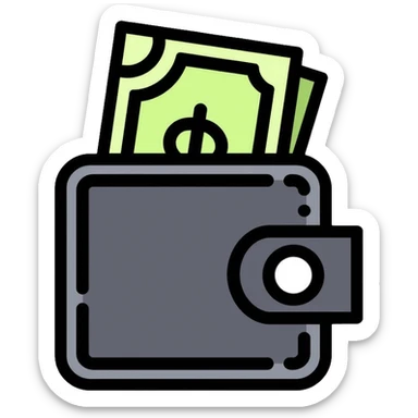 black wallet with one single dollar bill inside, just one dollar sticker