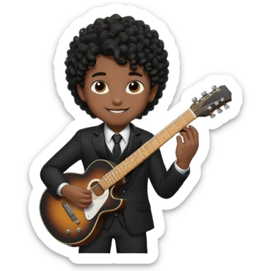 A boy with black fade curly hair Smiling and holdijg a guitar in a black suit  sticker