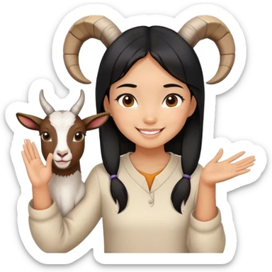 Asian girl with black hair and tanned skin, brown eyes smiling and holding hands with goat gesture sticker