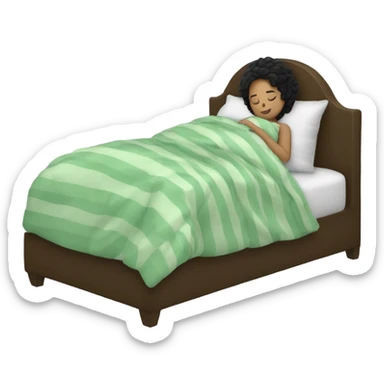 white girl with curly black hair sleeping in a bed with faded green striped comforters sticker