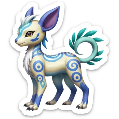 Tropical Tiny Marked Patterned Tribal Colorful Skilled Adept Graceful Asian Painted Garurumon-Meloetta-Absol-Suicune-Cobalion-fusion-hybrid-creature (full body) sticker