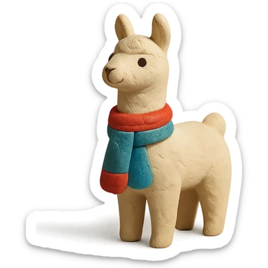 llama in claymation style wearing a colorful scarf with a matte finish sticker