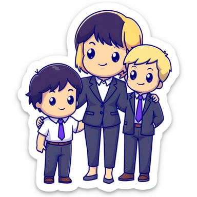 The Parr family from Incredibles in civilian clothes - Bob in business suit, Helen in casual clothes, Violet teen with black hair, Dash blonde boy, baby Jack-Jack sticker