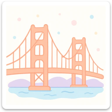 {
  "style_description": {
    "overall_look": "Cute, minimal, and soft with a friendly and playful tone",
    "material_simulation": {
      "primary_material": "flat digital color",
      "texture_detail": "smooth surfaces with no texture or shading",
      "pattern": "none or very simple decorative accents (e.g., hearts, stars)"
    },
    "geometry": {
      "edge_style": "rounded, soft curves with no sharp angles",
      "dimensionality": "flat two-dimensional appearance with simple shapes"
    },
    "color_palette": {
      "scheme": "pastel and light tones",
      "preferred_colors": ["pink", "mint", "lavender", "baby blue", "peach"],
      "contrast": "low contrast with bright accents"
    },
    "facial_features": {
      "eyes": "large, sparkly, often oval or circular",
      "mouth": "small, often a simple curve or dot",
      "expression": "joyful, innocent, or calm"
    },
    "lighting": {
      "type": "none or implied with soft highlights",
      "purpose": "maintain a clean and cheerful look"
    },
    "render_constraints": {
      "avoid": ["realistic shading", "high detail", "dark themes", "texture noise"],
      "focus_on": ["cute expression", "iconic simplicity", "emotional warmth"]
    },
    "background": {
      "color": "white or soft pastel",
      "style": "plain or patterned with simple icons (e.g., polka dots, stars)",
      "lighting_consistency": "no shadows, evenly lit feel"
    }
  }
}

{subject} = golden gate bridge sticker