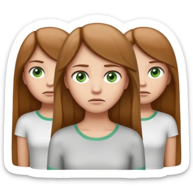 Cartoon emoji of a girl with long, straight light brown hair, fair skin, soft green eyes. Wearing a white top, standing slightly apart from a group, looking unsure and miserable. Nervous, fearful, lacking confidence. Smooth, simple, stylized." sticker