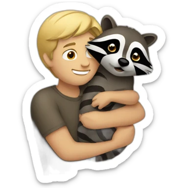 Dark blonde guy hugging a raccoon sticker