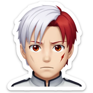 Shoto Todoroki face only, left side white hair, right side red hair, heterochromatic eyes, burn scar on left side of face, serious expression sticker