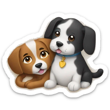 Generate an emoji of a cat and dog cuddling together on a fluffy rug, surrounded by cozy pillows, giving a warm and inviting vibe. sticker