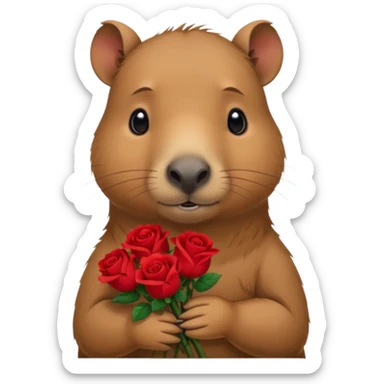 Cute baby capypara with sad puppy dog eyes holding roses  sticker