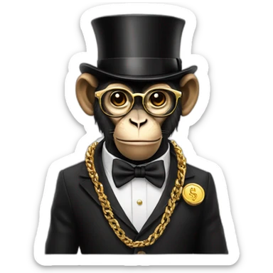a rich monkey wearing a siut and top hat with dollar sign glasses and a gold chain sticker