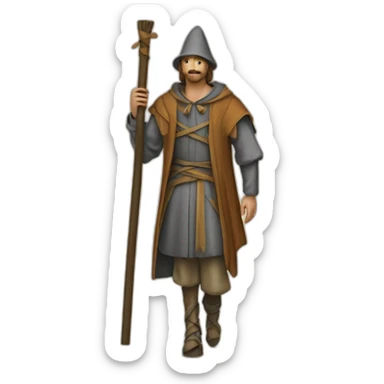 A person who walks on stilts, walking over them, medeival fair sticker