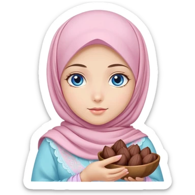 Turkish beautiful finish Konya girl blue eyes with pastel sakura hijab islamic dress and had on her hand dates sticker