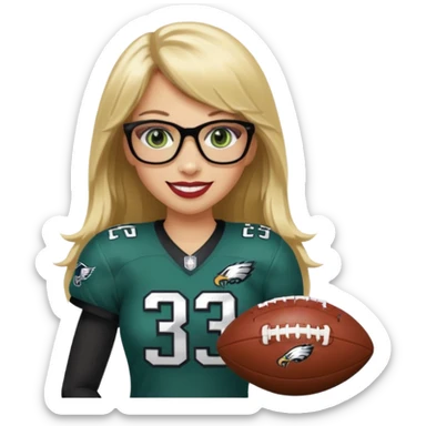 full length women wearing eagles uniform, long blonde hair, bangs, green eyes, black glasses, holding football, number 33, smiling, lipstick sticker