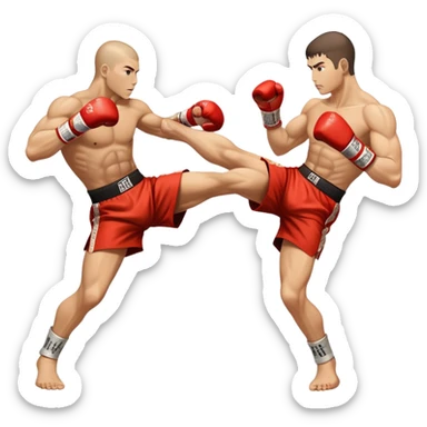 An icon showcasing a kickboxer in action, using precise techniques with both feet and elbows. One fighter delivers a powerful kick to the opponent's legs, while the other counters with an elbow strike. The background features a ring and a dynamic atmosphere. Transparent background  sticker