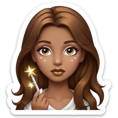 Girl with long brown hair with sparkly white eyeshadow and sparkles on face and bronze lipstick  sticker