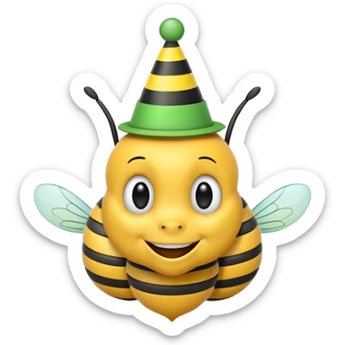 Bees with green Birthday Hat, Happy bee with striped party hat sticker