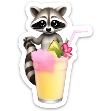 A raccoon with long eyelashes, wearing a pink bikini holding a pina colada sticker