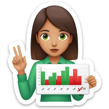 Girl holding chart with rising green graph line in right hand and holding another chart with falling red graph line in left hand sticker