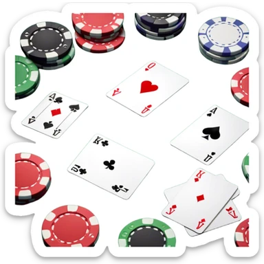 A photorealistic icon featuring playing cards and a stack of poker chips on a green felt table. Bright, detailed design with realistic textures and lighting. Transparent background, clearly symbolizing card games and strategy. sticker