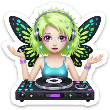  hard-techno-rave-fairy,-holding-a-dj-turntable,-wild-hair,-neon-sparkles,-minimal-background sticker
