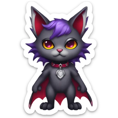 Anthro-Cute-Edgy-Cool-Vampiric-Batty-Cat-Black-Purple-Red-Grey-White-Yellow-Contrast-Colors-Fantasy-Fur-Sona-Chibi-Shiny-Fakémon-Hybrid with horns and fangs and collar full body sticker