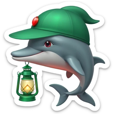 dolphin wearing green hat and a lantern with red light sticker