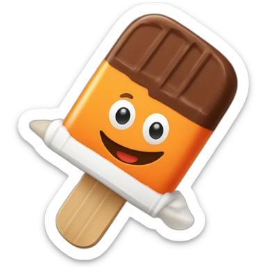 a popsicle with one orange stripe, a white stripe and a chocolate top, which is wearing a sword sticker