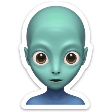 Portrait of an alien with smooth greenish-blue skin, large black oval eyes, small nose, and no visible ears, elongated head, front-facing, wearing brown t-shirt, soft glow, simple futuristic design sticker