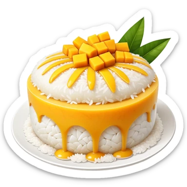 cinematic-realistic-mango-sticky-rice-dessert-emoji,-showcasing-sweet-sticky-rice out of a mould-paired-with-ripe-mango-slices-and-coconut-milk-rendered-with-lifelike-detail-and-warm,-inviting-lighting with the coconut  milk over the rice sticker