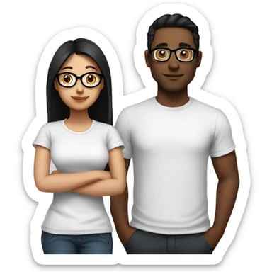 a couple. Man with side part black hair, wear a black T shirt. Girl with long brown hair,wear a white T-shirt, have a round glasses sticker