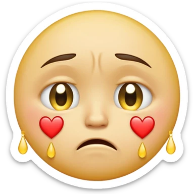 A yellow circular frowning face that is crying, with hearts floating from top to bottom sticker