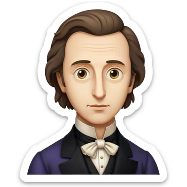 Cinematic Realistic Chopin Portrait Emoji, depicted as an introspective composer with expressive eyes and period attire, rendered with rich textured detail and soft classical lighting that captures his emotive musical genius. sticker