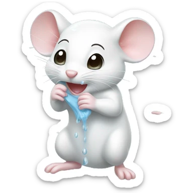 Cute white mouse scrubbing himself in a bubbly shower sticker