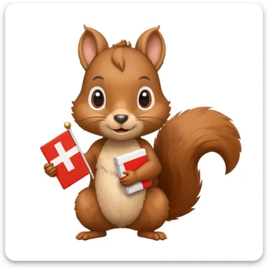 a squirrel holding a brown gift box in one hand and a Swiss flag in the other, both objects clearly visible, simple white background, the gift is a different color from the flag sticker