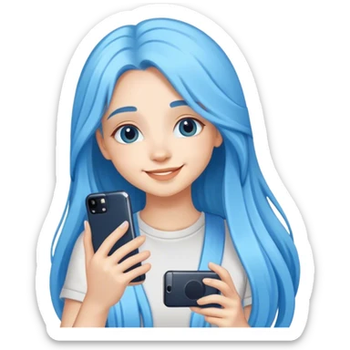 happy cute girl with long blue hair take a photo with her phone sticker