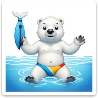 friendly anthropomorphised polar bear swimming in a wide pool, wearing colorful swim trunks and snorkel gear sticker