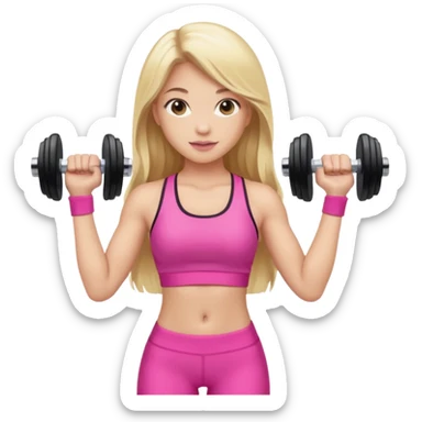 beautiful girl with brown hairs in sport wear in her hands is dumbbells her skin was light and hairs too and her sport wear was pink  her hair was long and blonde  sticker