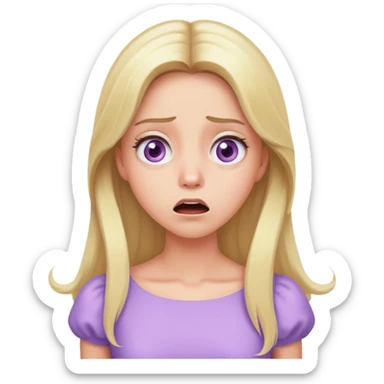 shocked face blonde model, hazel eyes, sleek long hair, pastel purple dress sticker