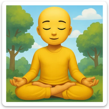 Add a peaceful nature background with trees and sky behind the meditating emoji, keep the classic emoji style sticker