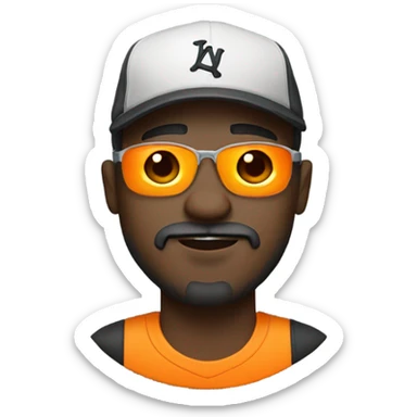 Black man in shades with a goatee, beard, mustache, and orange tee shirt with baseball cap. sticker
